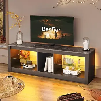 Центральная светодиодная игровая подставка для телевизора с диагональю 55+ дюймов, регулируемые стеклянные полки, 22 динамических режима RGB, телевизионный шкаф, игровая консоль PS4, черный мрамор