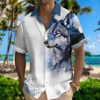 2023 Мужские Рубашки С 3D Принтом Медведя, Уличная Гавайская Рубашка, Мужская Повседневная Футболка С Животным Волком, Повседневная Рубашка Для Мужчин, Модная Мужская Одежда
